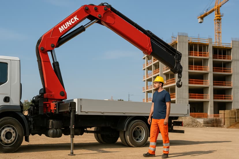 Guindaste articulado em operação ao lado de caminhão, representando Munck e Guindauto