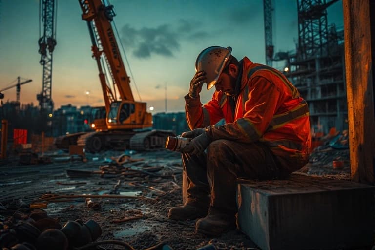 Operador de guindaste exausto ao lado do equipamento, representando estresse no ambiente de obra